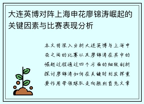 大连英博对阵上海申花廖锦涛崛起的关键因素与比赛表现分析